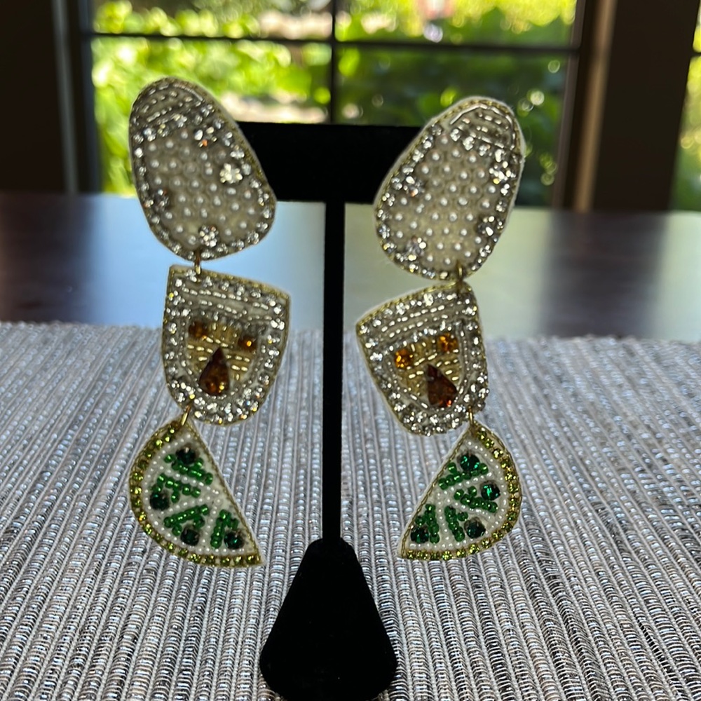 Beaded Earrings with salt, shot glass, and lime wedge